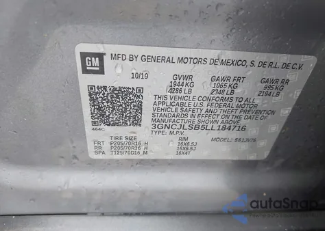 2020 Chevrolet Trax Fwd Lt z USA, uszkodzony, nr VIN 3GNCJLSB5LL184716